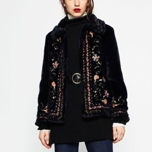 Embroidered Faux Fur Jacket